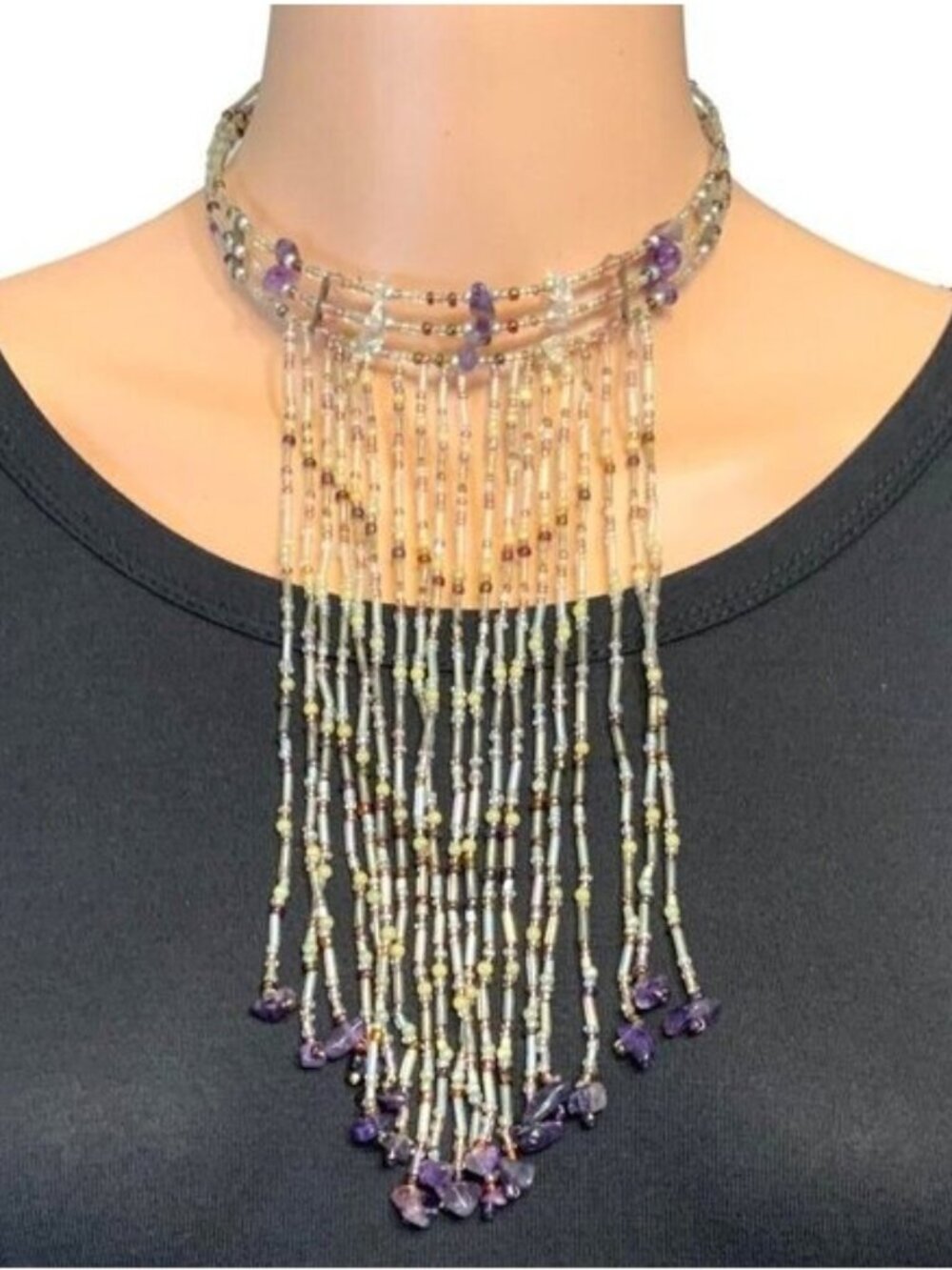 Beaded Multistrand Statement Necklace With Purple Gemstones Fringe Design